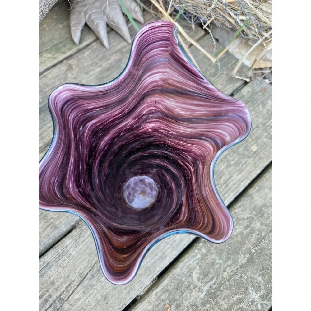 HGT Home Design Art Glass Handkerchief‎ Vase Blue Purple Swirl Ruffled Rim 10in